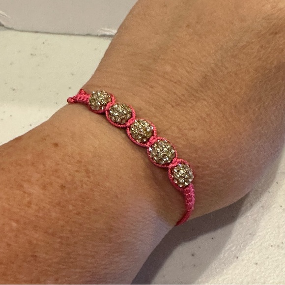 NWT J. Crew Bracelet - Pink string adjustable w/ clear rhinestone & gold beads - Picture 2 of 15